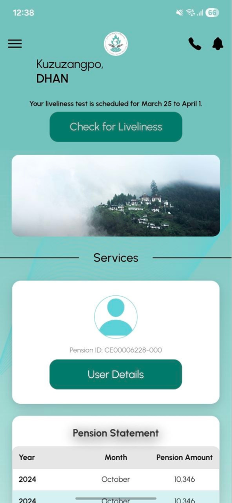 Nga Yoe - Home screen of the Nga Yoe app showing liveliness verification status and pension statement.