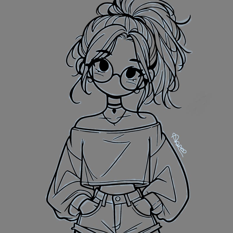 girl with a messy ponytail glasses a baggy crop top and jean shorts