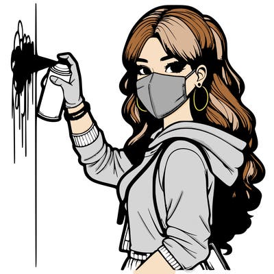realistic girl with mask spray painting a wall