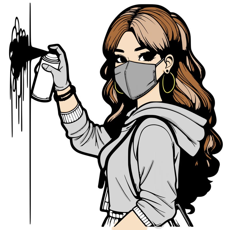 realistic girl with mask spray painting a wall