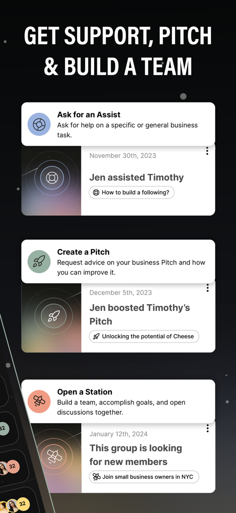 Sky's The Limit app screen showing options to get business support create a pitch and build a team