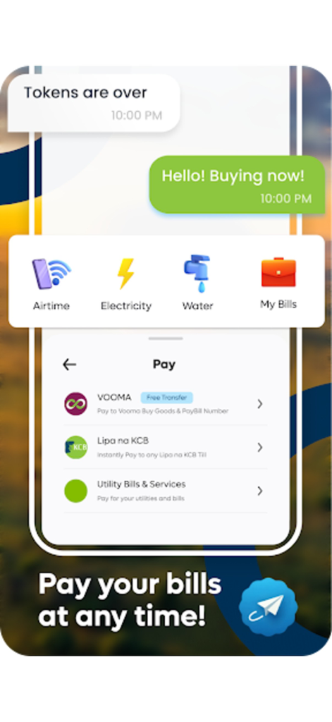 KCB Mobile TZ - Interface of KCB Mobile TZ app showing bill payment options for electricity water and airtime