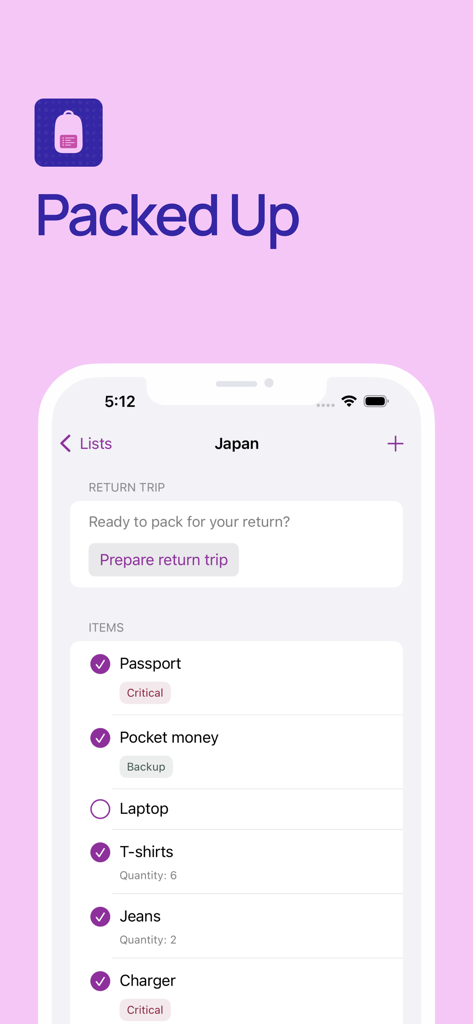 Packed Up: Smart packing - Screenshot of the Packed Up app showing a travel packing list for Japan with a feature to prepare for the return trip.