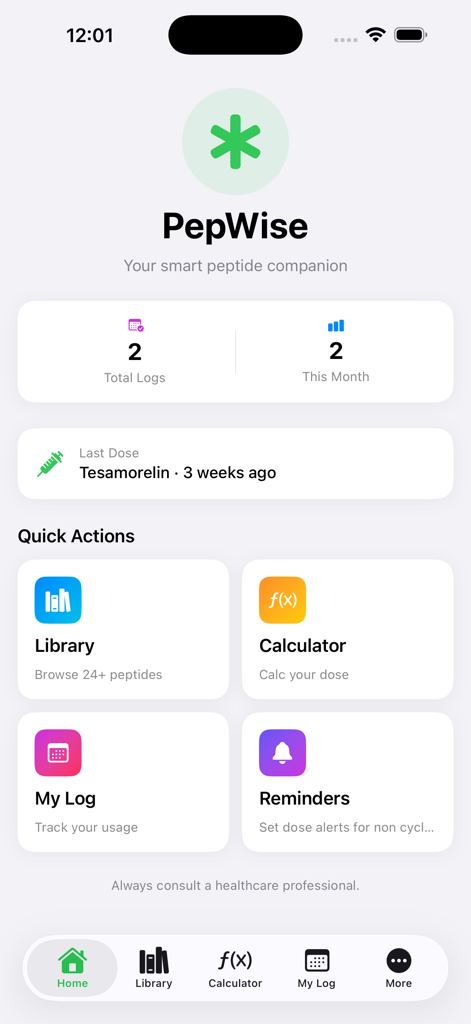 PepWise - Peptide Tracker - PepWise app home screen featuring a tracking dashboard, a peptide research library, and a dosage calculator for biohacking enthusiasts.