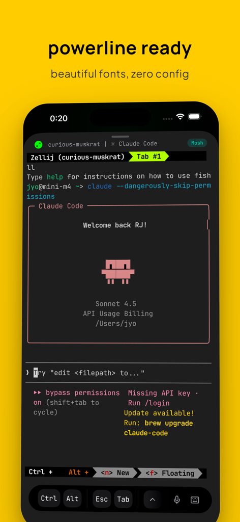Moshi: SSH & MOSH Terminal - Interfaz móvil de terminal Moshi SSH y Mosh que muestra fuentes powerline y una sesión de Claude Code