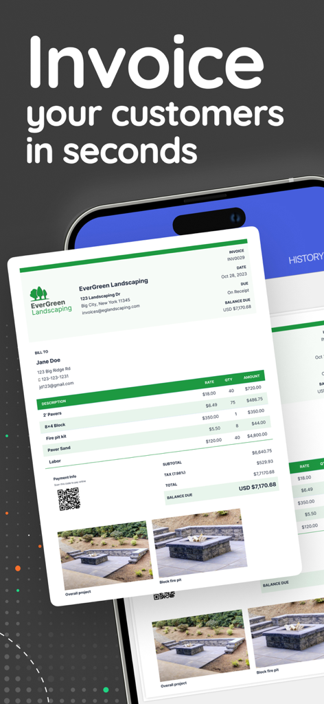 Invoice Simple: Invoice Maker - A professional landscaping invoice displayed on a mobile phone including line items project photos and a QR code for payment