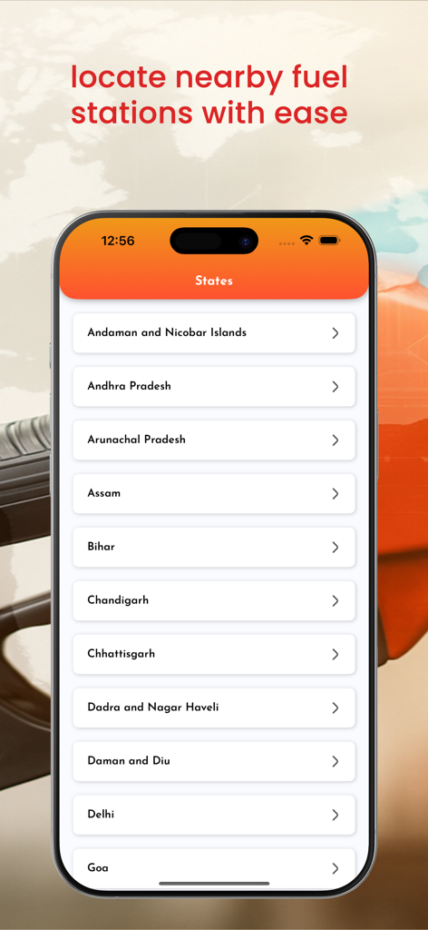 Fuel Price & Station Finder - Application Prix du Carburant et Localisateur de Stations affichant une liste d'États pour localiser les stations de carburant à proximité.