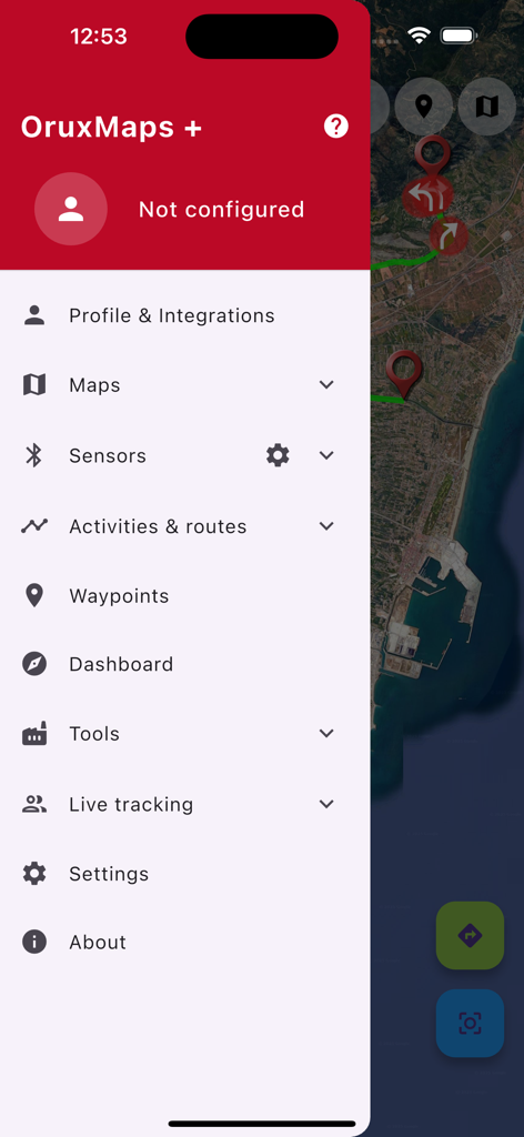 OruxMaps - OruxMaps side menu with navigation and sensor settings over a satellite map