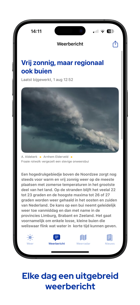 Captura de pantalla de la aplicación Weer.nl que muestra un informe meteorológico detallado escrito en holandés con una foto de nube de tormenta