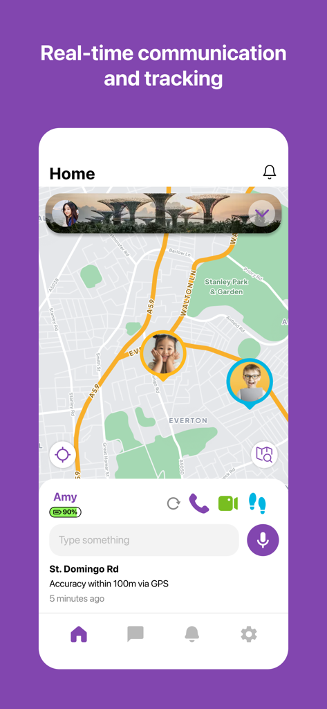 Oberfläche der myFirst Circle App, die die Echtzeit-GPS-Ortung von Kindern auf einer Karte mit Kommunikations- und Standortdetails zeigt.