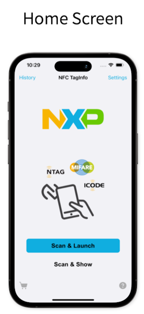 NFC TagInfo app home screen with scan and launch options