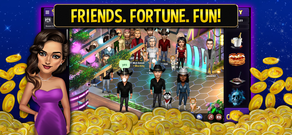 Casino World Slots & Rewards - Un groupe d'avatars personnalisables assistant à une fête virtuelle dans Casino World avec une bannière indiquant Friends Fortune Fun.