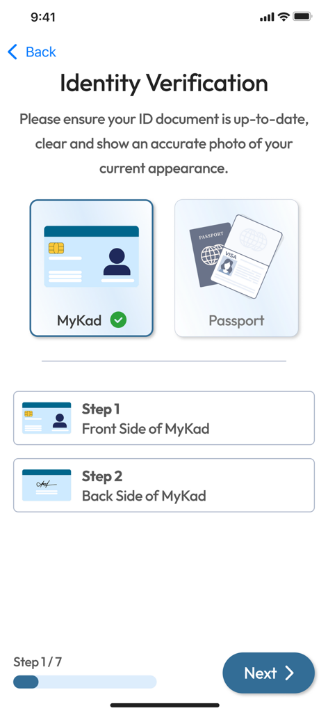 SarawakPass - SarawakPass app interface for eKYC identity verification showing the MyKad selection and document upload steps.