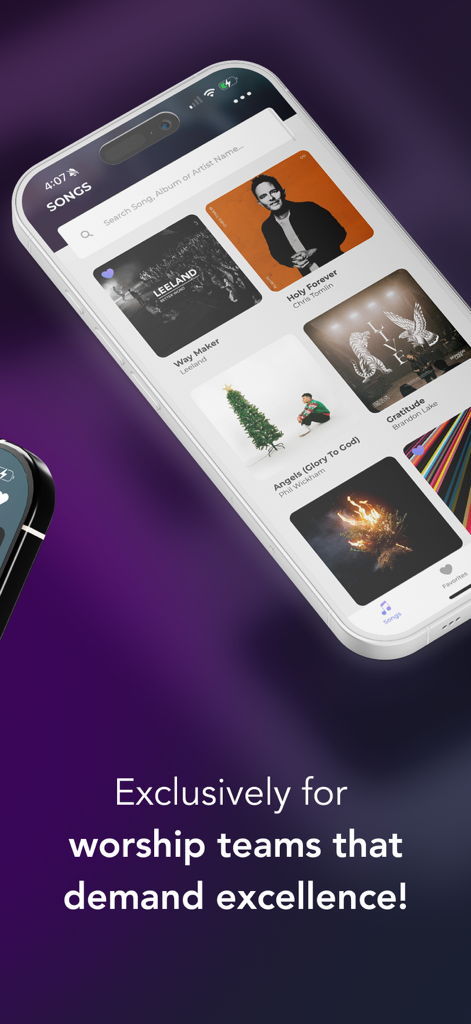 Worship Online - The Worship Online app interface displaying a library of worship songs for church music teams.