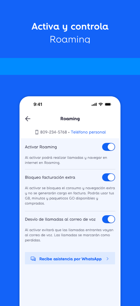 Interfaz de la aplicación Mi Altice que muestra los ajustes de activación y control de roaming