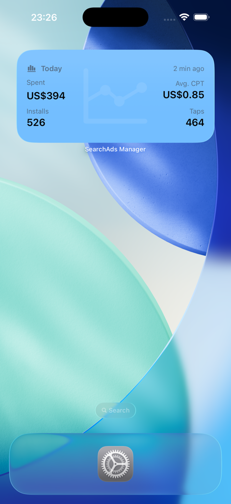 Suchanzeigen-Manager iOS-Widget, das tägliche Anzeigen-Ausgaben, Installationen und Leistungsmetriken anzeigt