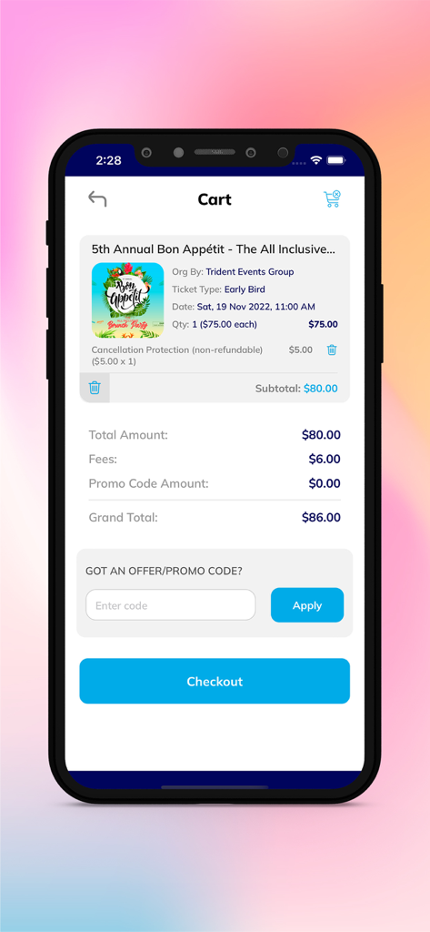 Checkout cart screen in the TicketsPlus Attendee app showing event ticket details and total price