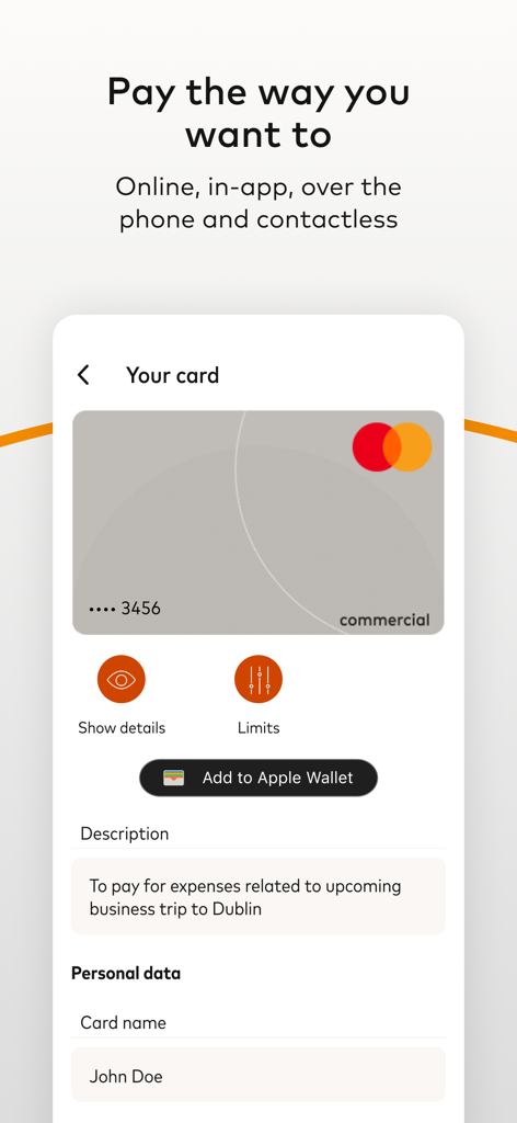 Mastercard In Control Pay - Mobile screen of Mastercard In Control Pay showing a virtual commercial card with options to view details, set limits, and add to Apple Wallet.