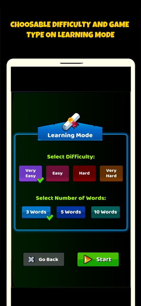 Learning Mode screen in the Spanish Vocabulary Game showing difficulty and word count selection options
