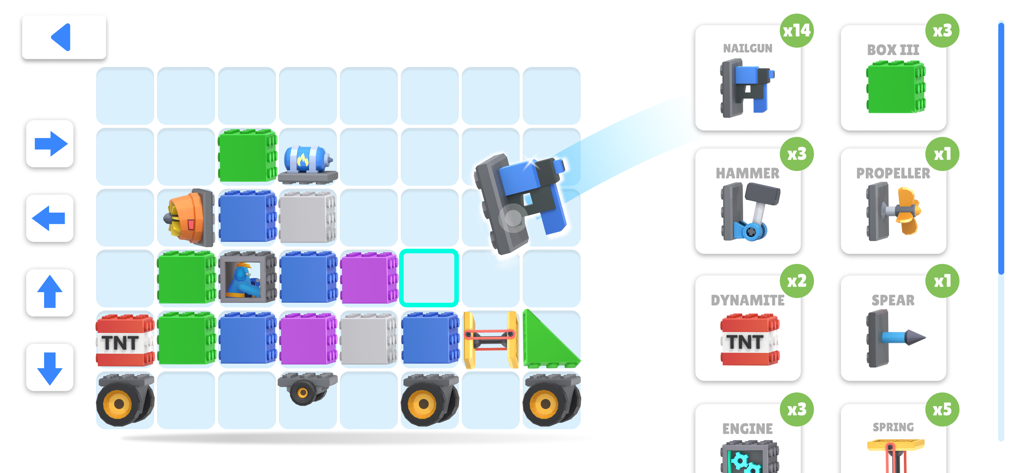 Interface for building a custom toy tank with bricks and weapons in TOYS Crash Arena