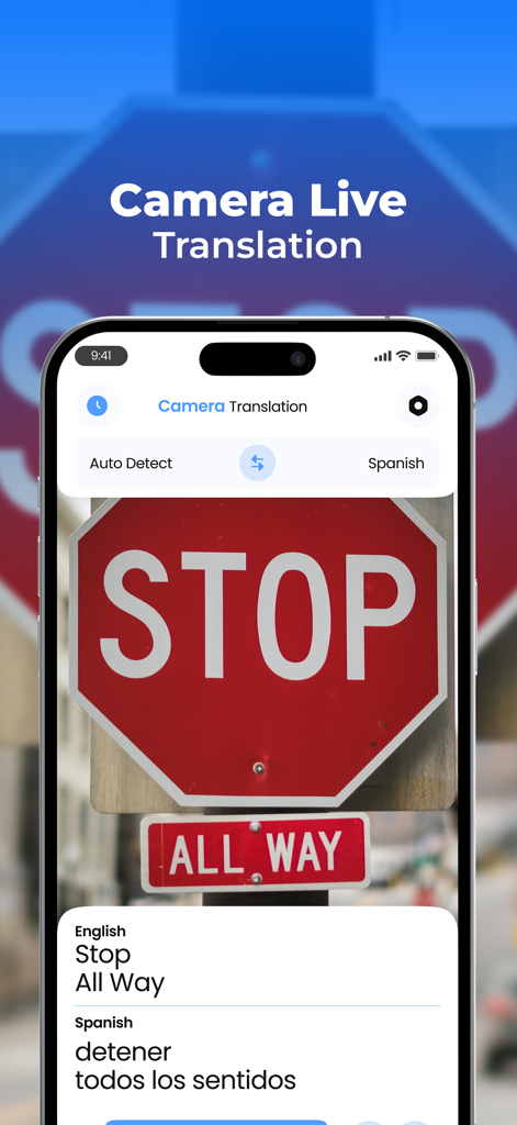 英語の標識をスペイン語にリアルタイムでカメラ翻訳しているiPhone画面