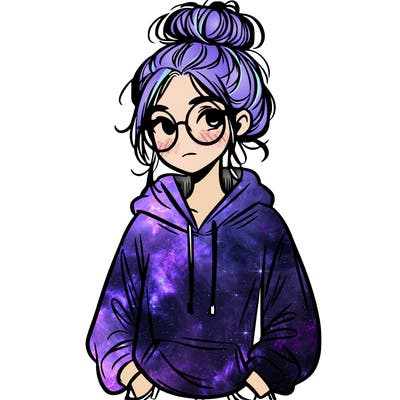 teen girl with a messy bun and glasses wearing a loose hoodie and jeans