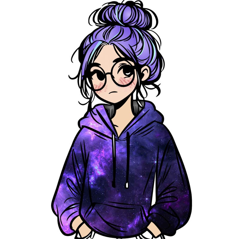 teen girl with a messy bun and glasses wearing a loose hoodie and jeans