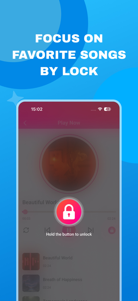 MeloZen: Vibe Your Music - Écran du lecteur de musique MeloZen avec un bouton de verrouillage pour éviter les touches accidentelles pendant les sessions de relaxation.
