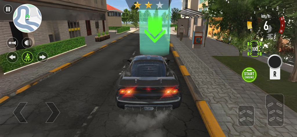 Third-person gameplay view of a grey car driving on a city street toward a green navigation arrow in Real Car Driving School Game