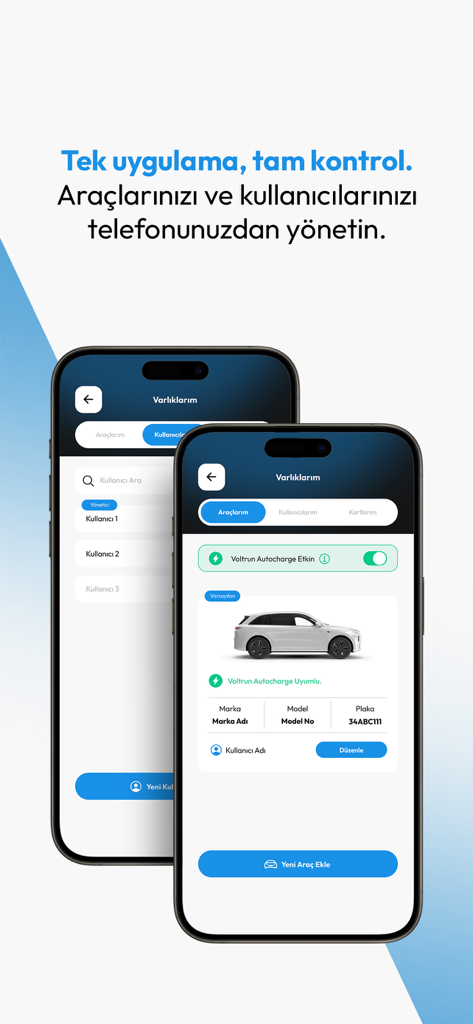Voltrun - Voltrun mobile app dashboard showing electric vehicle management and user control settings.