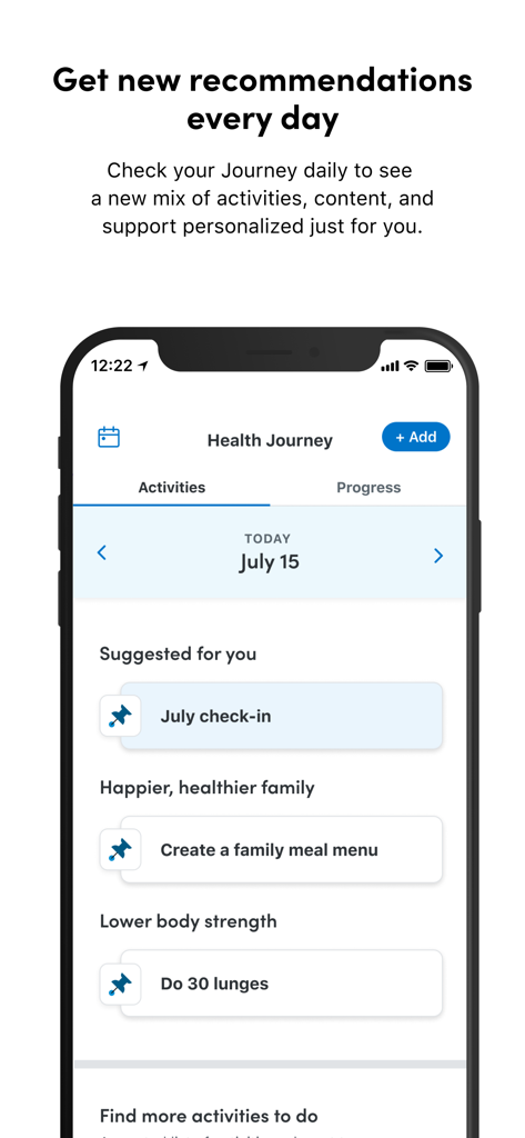 My Highmark App - Daily personalized health recommendations and activity goals on the My Highmark App Health Journey screen.