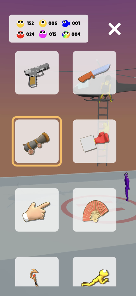 Flip Beat: Ragdoll Shooter - Weapon selection menu in Flip Beat Ragdoll Shooter featuring items like a handgun knife and cannon