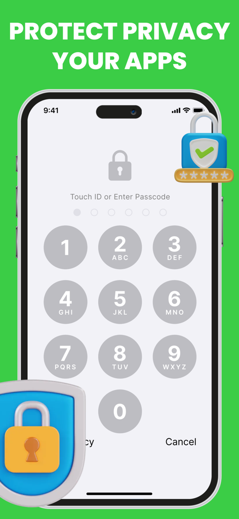 Pantalla del iPhone mostrando un teclado numérico de contraseña para proteger la privacidad de la aplicación con un icono de candado