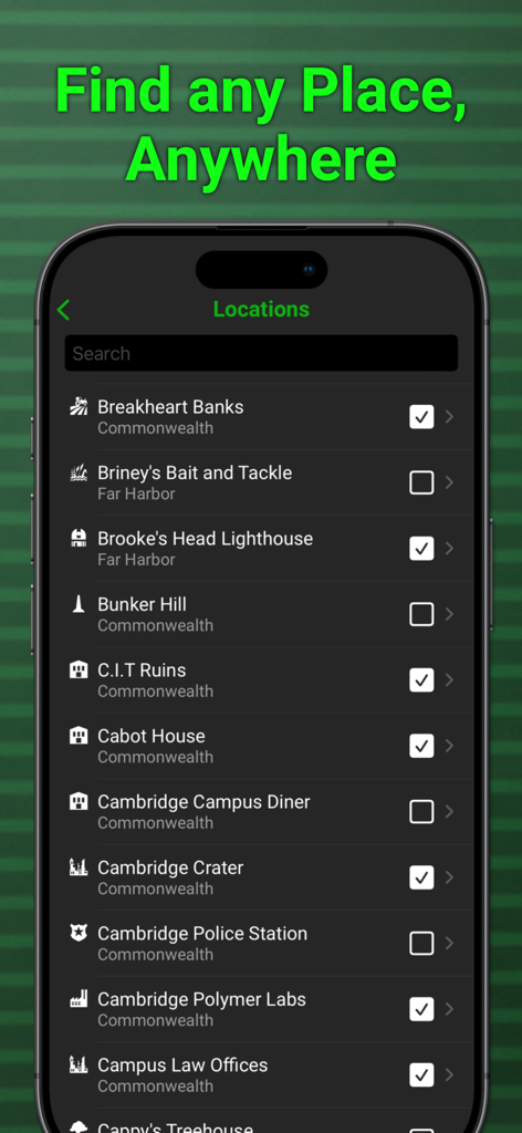 A searchable list of game locations in the Fallout companion app with checkboxes for tracking progress.
