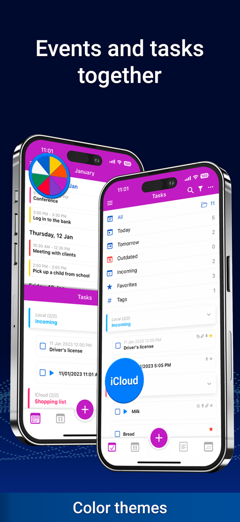 Calendar: To Do List & Notes - MC Calendar mobile app showing events and tasks combined in a purple theme