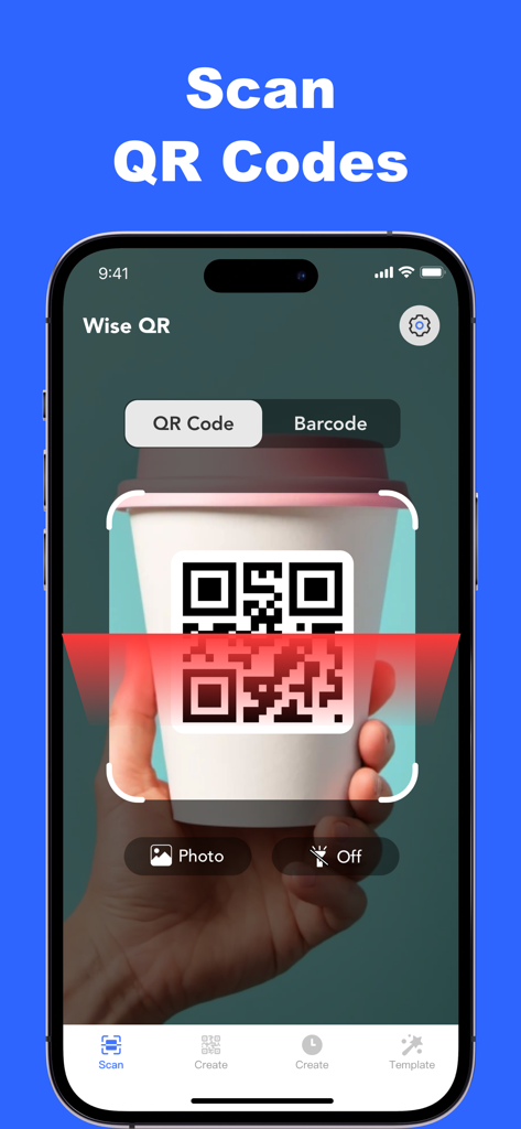 Wise QR - Barcode Scanner - Interfaz de la aplicación Wise QR escaneando un código QR en una taza de café blanca