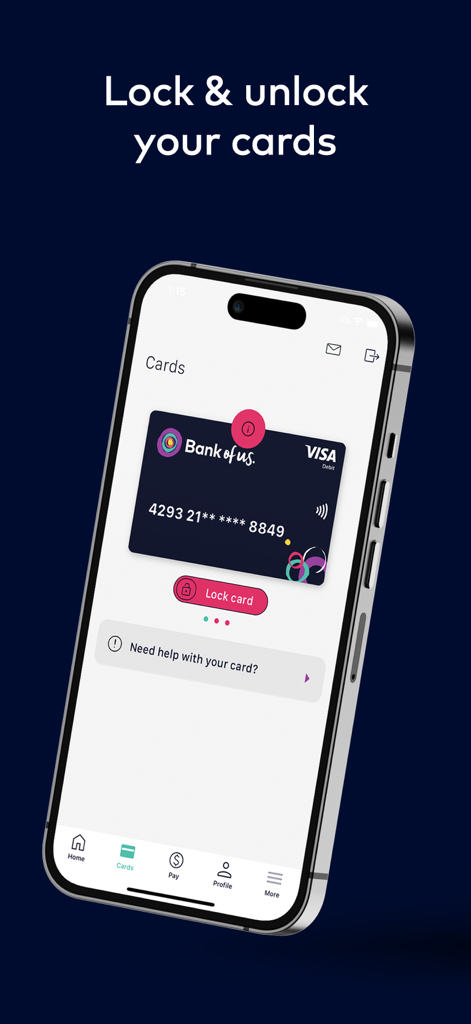 Bank of us - Bank of us mobile app interface showing how to lock and unlock a visa debit card for enhanced security
