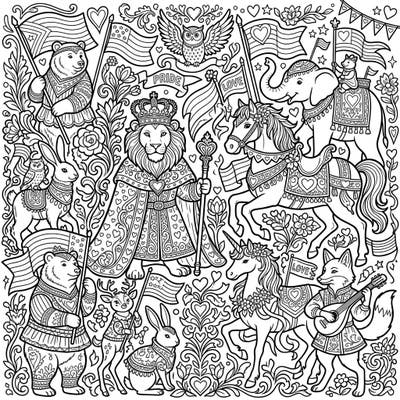 Step into a world where majestic Renaissance animals unite to celebrate love and diversity with this stunning coloring page. Featuring a grand parade of royally adorned creatures, it's a perfect blend of historical charm and vibrant Pride spirit.