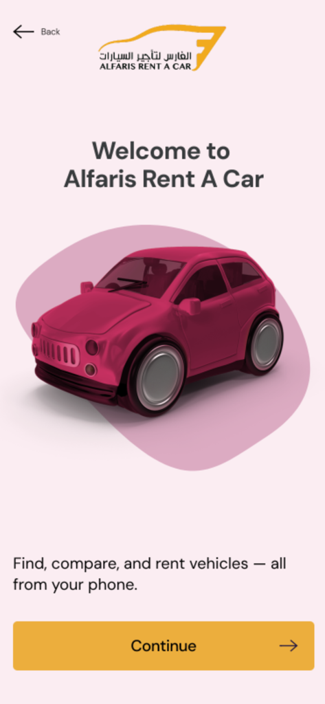 Alfaris Rent A Car - Welcome screen of Alfaris Rent A Car mobile app featuring a pink car icon and a continue button