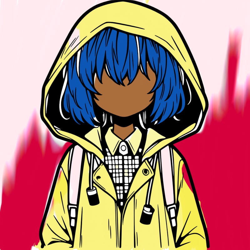 little anime girl in a raincoat her hair is covering her eyes she has a lighter
