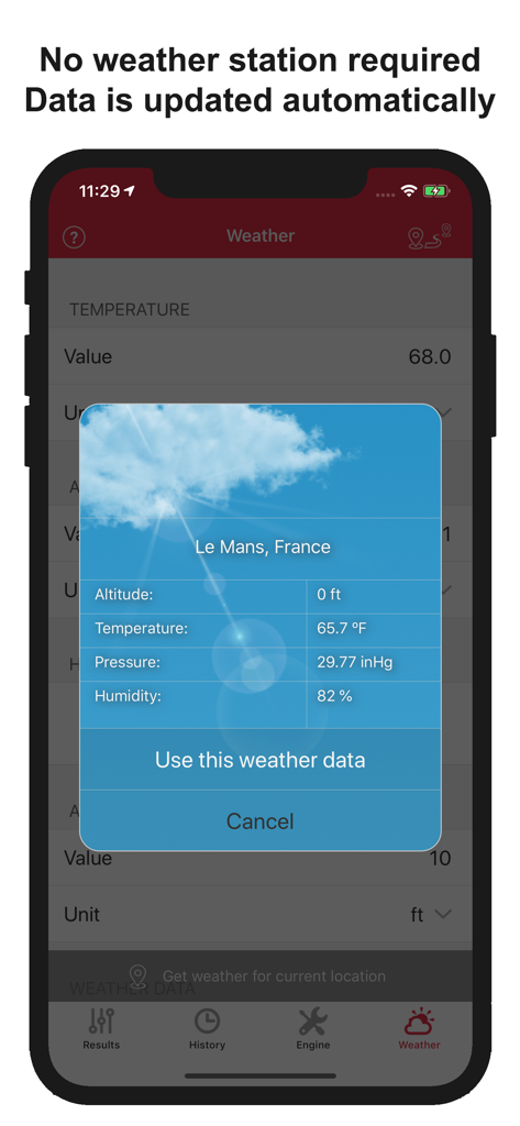 Automatic weather data retrieval screen in the Jetting for Honda CRF 4T Moto app showing altitude and temperature