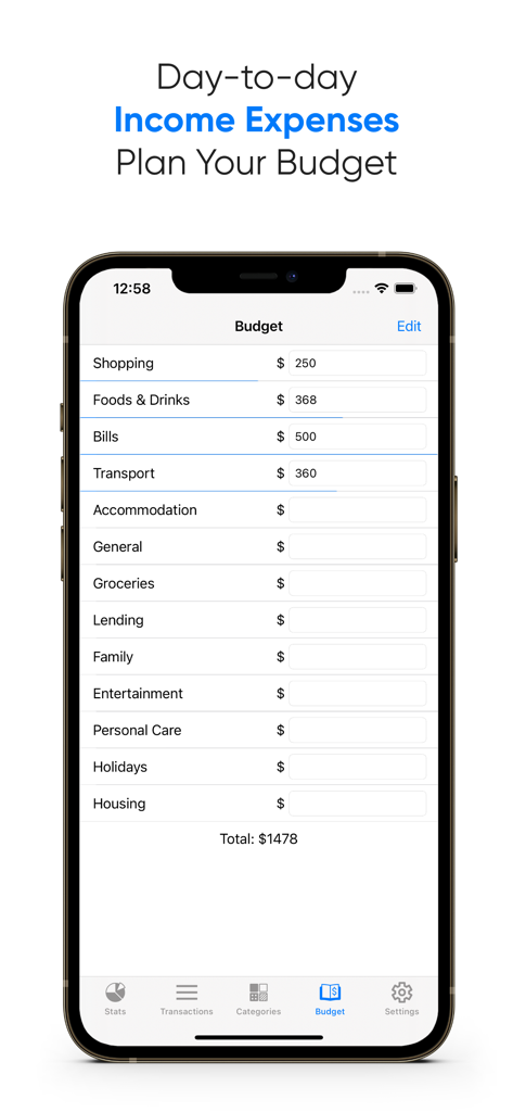 Budget planning interface in the Day-to-day Expenses Tracker app listing categorized monthly costs