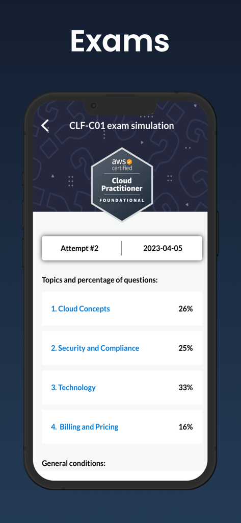 Interface de simulation d'examen AWS Cloud Practitioner montrant les pourcentages de questions pour différents sujets cloud.