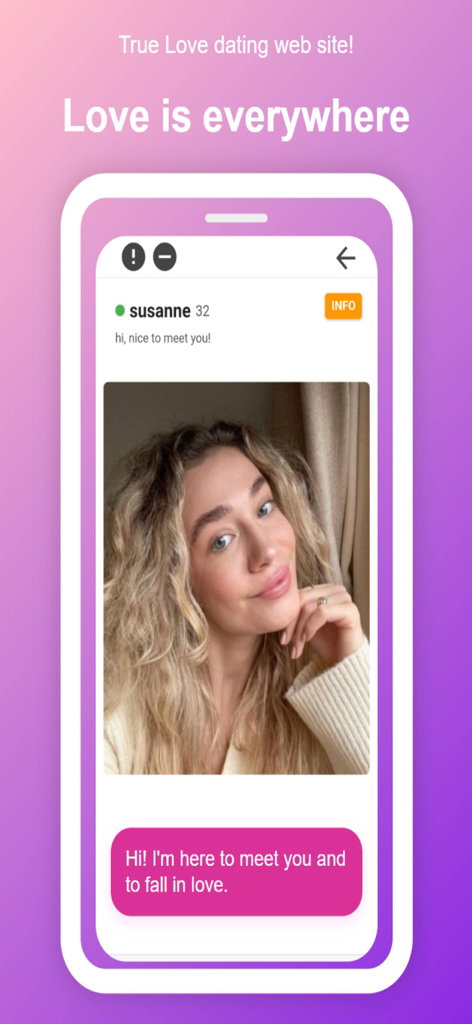 True Love: Dating Chat App - A screenshot of the True Love dating app showing the profile of a 32 year old woman named Susanne with a message about finding love
