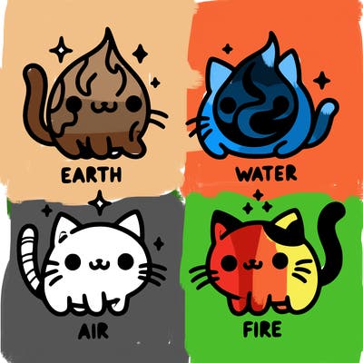 4 cats that represent the different elements, earth, water, air, and fire