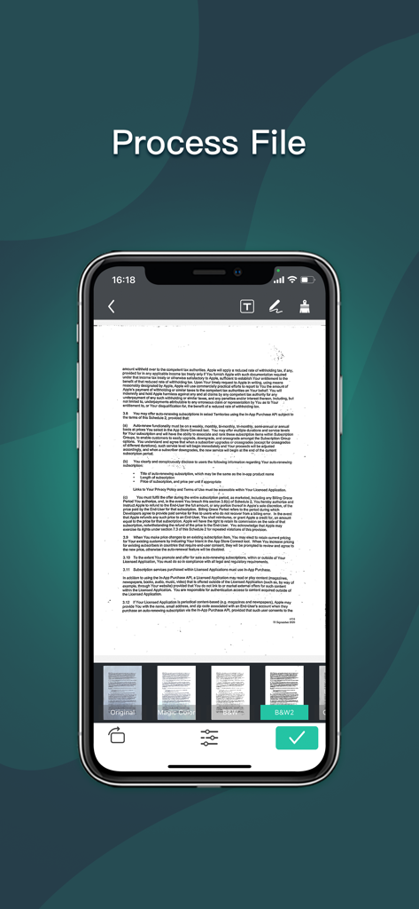 白黒フィルターを使用したドキュメントスキャンおよび画像処理を表示するSimple Faxアプリのモバイルインターフェース。