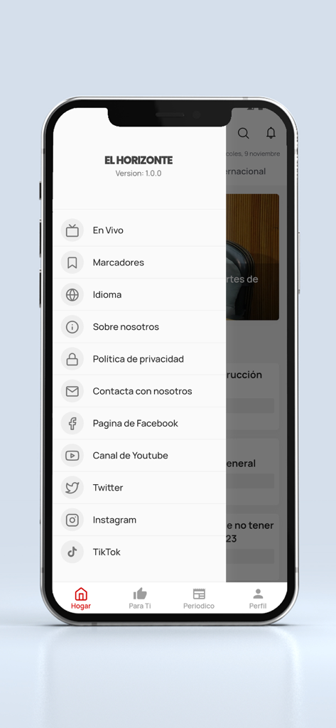 EL HORIZONTE news app side menu displaying navigation categories and social media links