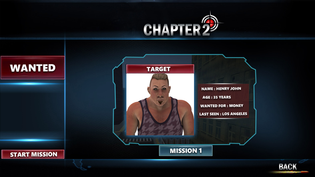 Sniper Shooter Secret Mission - Mission briefing screen showing a wanted target profile for Henry John in Sniper Shooter Secret Mission