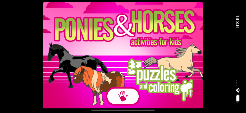 Home screen of Ponies and Horses activities for kids app with colorful horse illustrations