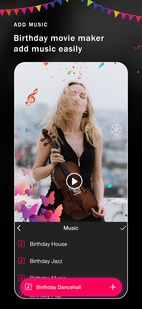 Birthday Video Maker Songs - Una pantalla de la aplicación Birthday Video Maker que muestra una lista de géneros de música de cumpleaños como Jazz y Dancehall para agregar a una presentación de diapositivas de fotos.